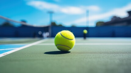 Bright tennis ball lies on a blue court awaiting the next serve