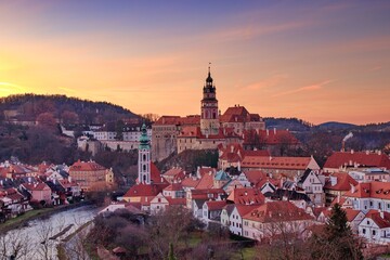 A sunset with colorful sky above the historical town and castle at Cesky Krumlov, Czech republic