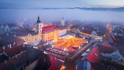 Sibiu, Transylvania - Aerial view of the Christmas, most famous of Romania.