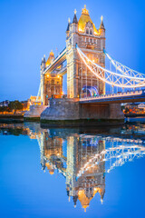 London, United Kingdom. Tower Bridge, illuminated dusk over River Thames
