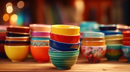 Colorful ceramic cups stacked in a vibrant display - obrazy, fototapety, plakaty