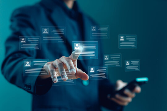 human resource manager, HR. concept of recruitment process manage people and business on technology digital, company service to recruit customers, network links worldwide hiring