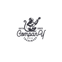 monkey playing guitar vintage monochrome unique logo design vector illustration
