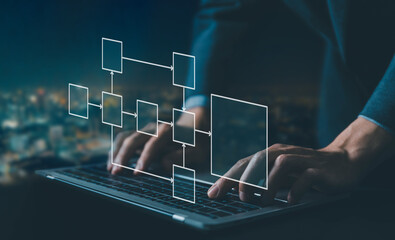 businessman using computer show diagram algorithm flow to design workflow automation, organigram,...