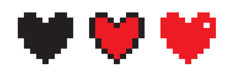 Retro style pixel heart icon collection. Red and black vintage 8 bit love symbol set