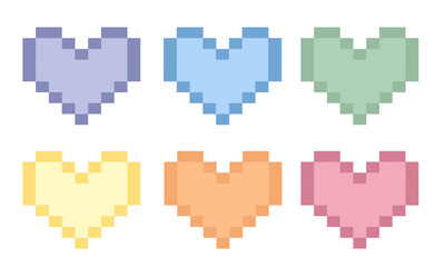 Set of colorful pixel heart icon. Retro style love symbol collection