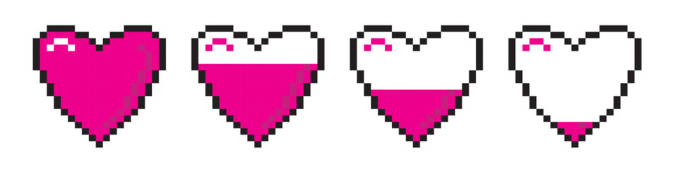 Pixel hearts icon set. 8 bit health game life bar. 