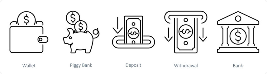 A set of 5 Finance icons as wallet, piggy bank, deposit - obrazy, fototapety, plakaty