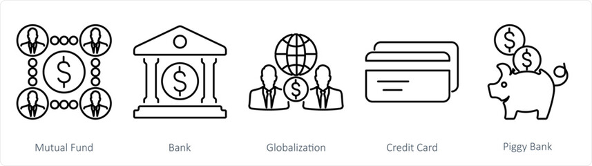 A set of 5 Finance icons as mutual funds, bank, globalization