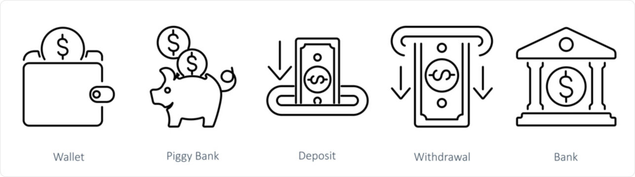 A set of 5 Finance icons as wallet, piggy bank, deposit