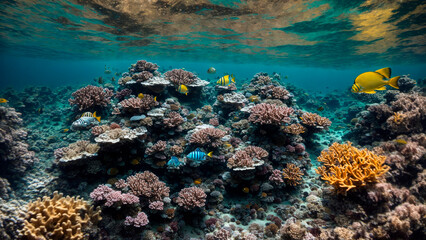 Beautiful underwater landscape, corals, beautiful colorful fish, reflection of the sun in the water
