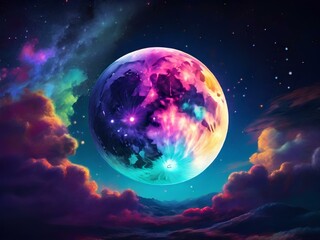 Naklejka na ściany i meble Luminous Celestial Symphony Luna's Animated Palette Illuminating the Night Sky with Vibrant Hues