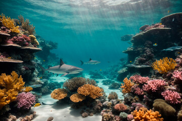 Fototapeta na wymiar Beautiful underwater landscape, corals, beautiful colorful fish, sharks, sun rays