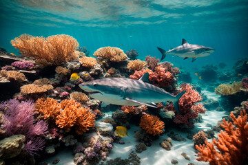 Beautiful underwater landscape, corals, sharks, beautiful colorful fish, sun rays