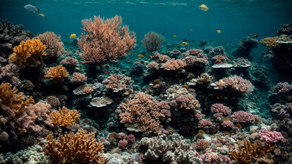 Fototapeta na wymiar Clownfish ctenochaetus tominiensis and blue malawi cichlids swimming near the coral duncan