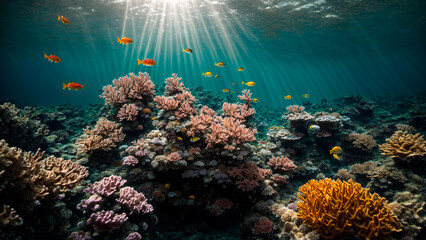 Corals and beautiful yellow fish bask in the rays of the underwater landscape, ocean idyll