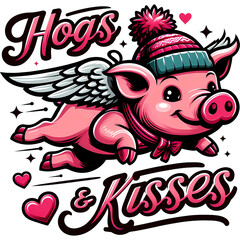 Cute Baby Pig Valentine's day illustration. Hogs and kisses quote.
