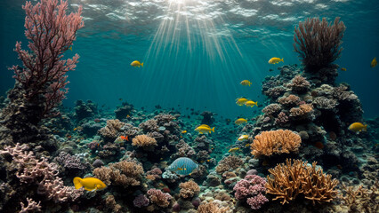 Naklejka na ściany i meble harmony of the ocean, underwater landscape, beautiful corals with yellow fish