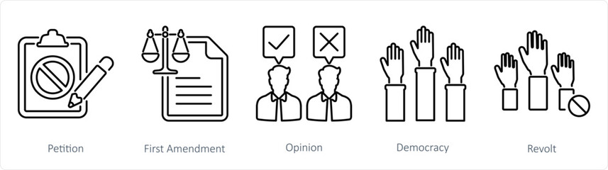 A set of 5 Freedom of Speech icons as petition, first amendment, opinion