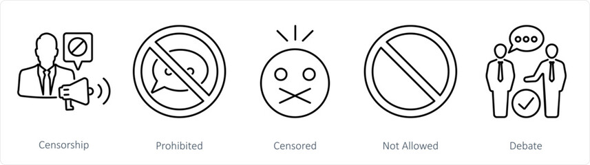 A set of 5 Freedom of Speech icons as censorship, prohibited, censored - obrazy, fototapety, plakaty