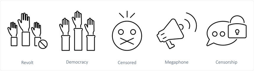 A set of 5 Freedom of Speech icons as revolt, democracy, censored - obrazy, fototapety, plakaty