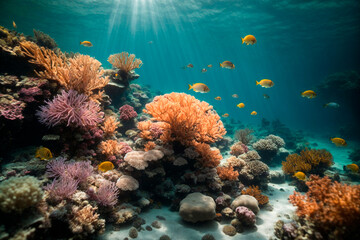 harmony of the sea, underwater landscape, beautiful corals with yellow fish