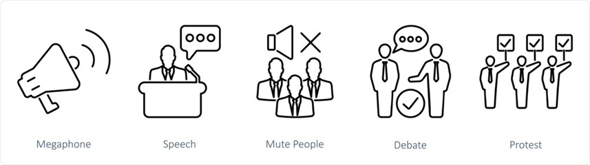 A set of 5 Freedom of Speech icons as megaphone, speech, mute people