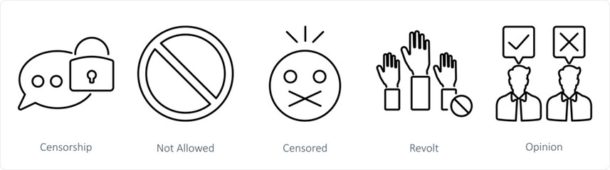 A set of 5 Freedom of Speech icons as censorship, not allowed, censored - obrazy, fototapety, plakaty