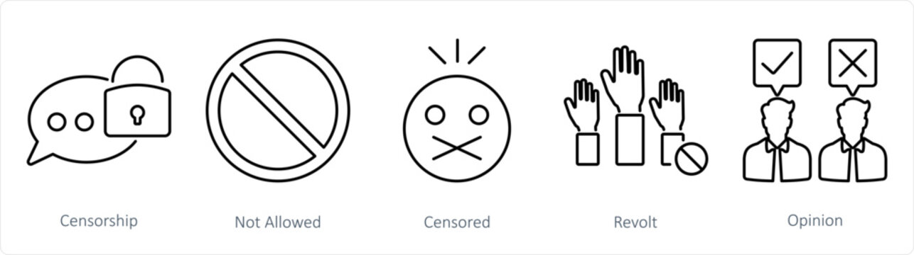 A set of 5 Freedom of Speech icons as censorship, not allowed, censored