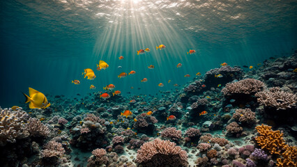 idyll of the sea, underwater landscape, beautiful corals with yellow fish