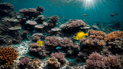 ocean idyll, underwater landscape, beautiful corals with yellow fish