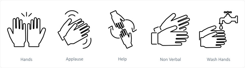 A set of 5 Hands icons as hands, applause, help