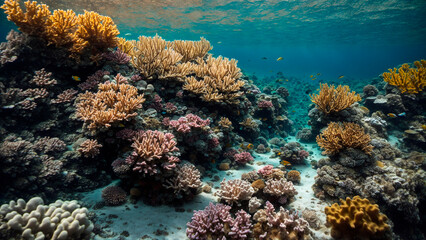Naklejka na ściany i meble small colorful fish swimming around beautiful corals under the sea