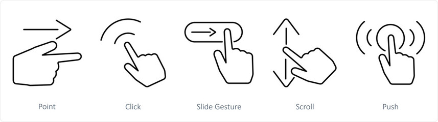 A set of 5 Hands icons as point, click, slide gesture, scroll
