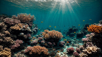 Naklejka na ściany i meble Sun rays in an underwater landscape, beautiful corals
