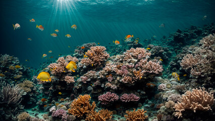 sun rays on a summer evening, underwater landscape, beautiful corals with yellow fish