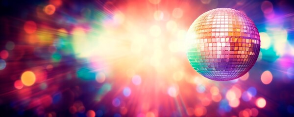 disco ball and lights on a blurred bokeh background, horizontal banner, copy space for text. party and music concept