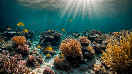 The rays of the sun pierce the water and illuminate the corals of the underwater kingdom of fish