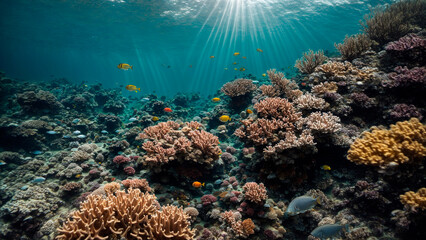 Fototapeta na wymiar the rays of the sun warm the water, underwater landscape, beautiful corals with yellow fish