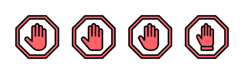 Obraz premium Stop icon set illustration. stop road sign. hand stop sign and symbol. Do not enter stop red sign with hand