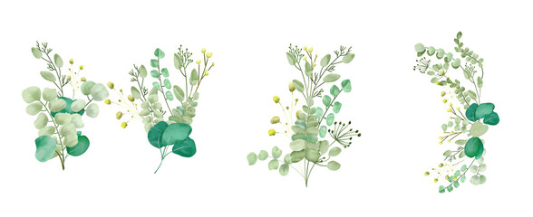 Watercolor floral illustration set - green eucalyptus leaf branches collection, for wedding invitation, greetings cards, wallpapers, background. Eucalyptus, green leaves. High quality illustration