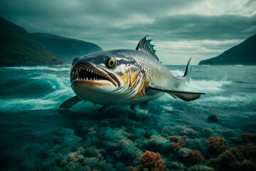 underwater landscape, a predator fish jumps out of the water