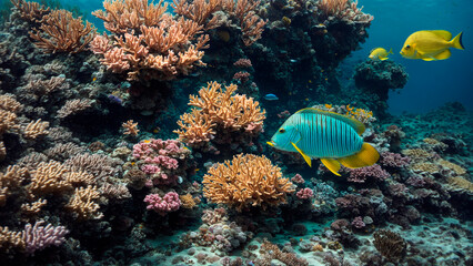 Fototapeta na wymiar underwater landscape, beautiful corals with yellow and blue fish