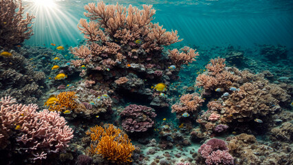 Fototapeta na wymiar underwater landscape, beautiful corals with yellow fish, sun rays