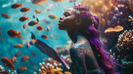 Close up photo of real black mermaid with purple red hair swimming underwater near coral reef with colorful fish, fantasy - obrazy, fototapety, plakaty