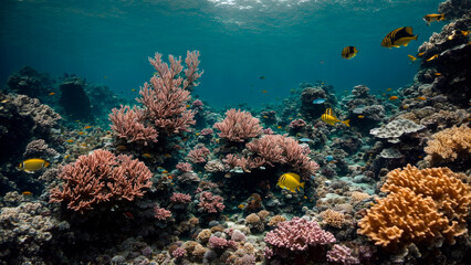 underwater landscape, beautiful corals with yellow fish