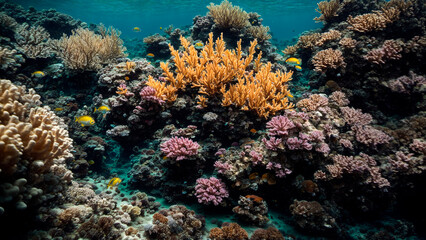 Fototapeta na wymiar underwater landscape, beautiful multi-colored corals with yellow fish