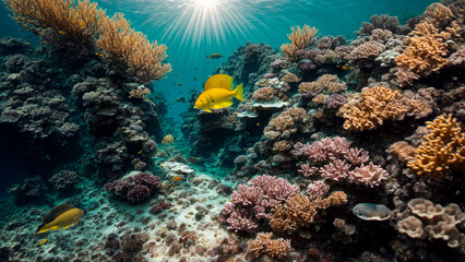 Fototapeta na wymiar underwater landscape, sun rays, beautiful corals with yellow fish