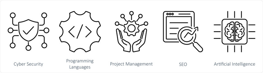 A set of 5 Hard Skills icons as cyber security, programming languages, project management