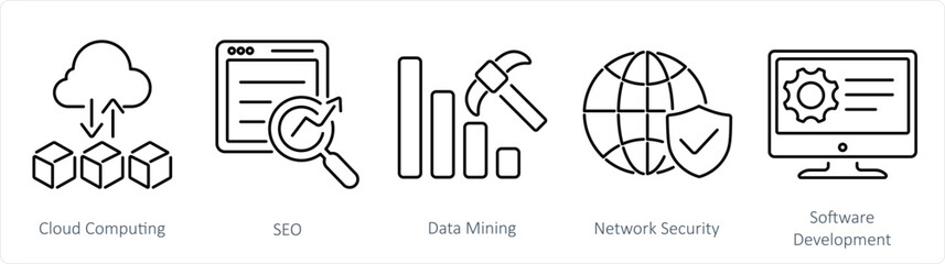 A set of 5 Hard Skills icons as cloud computing, seo, data mining - obrazy, fototapety, plakaty